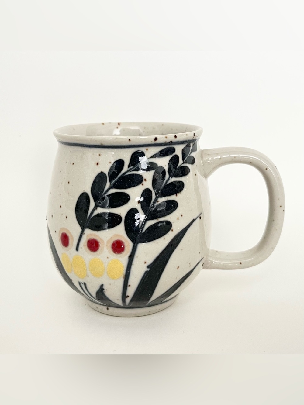Vintage Handcrafted Ceramic Mug from Otagiri Japan Black Beige Flowers Artsy